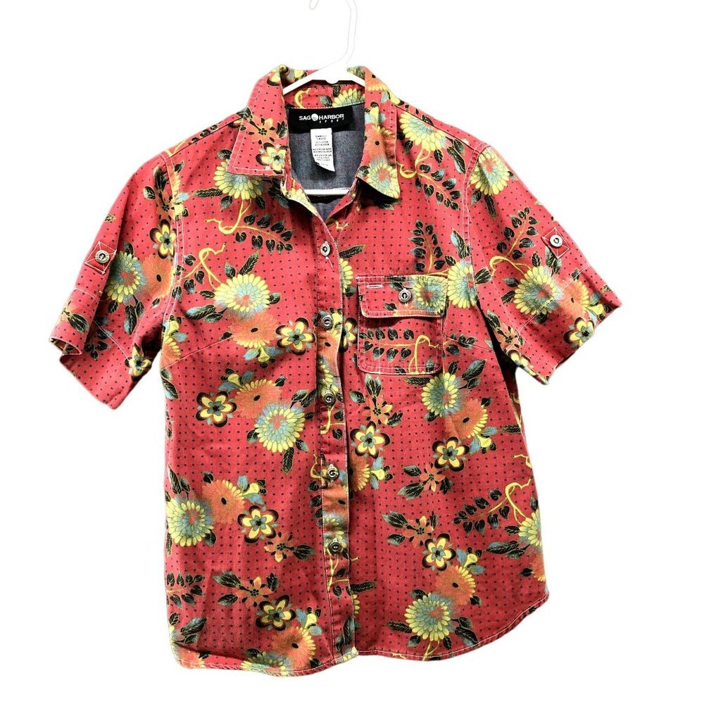 Vintage Sag Harbor Hawaiian Shirt Mens Small S Red Utility Floral‎ Button Down
